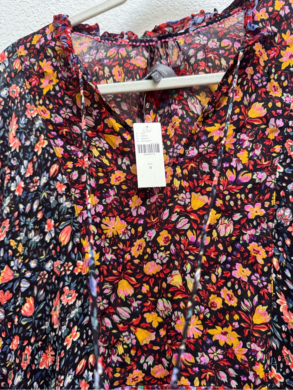 Anthropologie Black Floral Tiered Long-Sleeve Dress with Pink & Orange Accents - Picture 6 of 10
